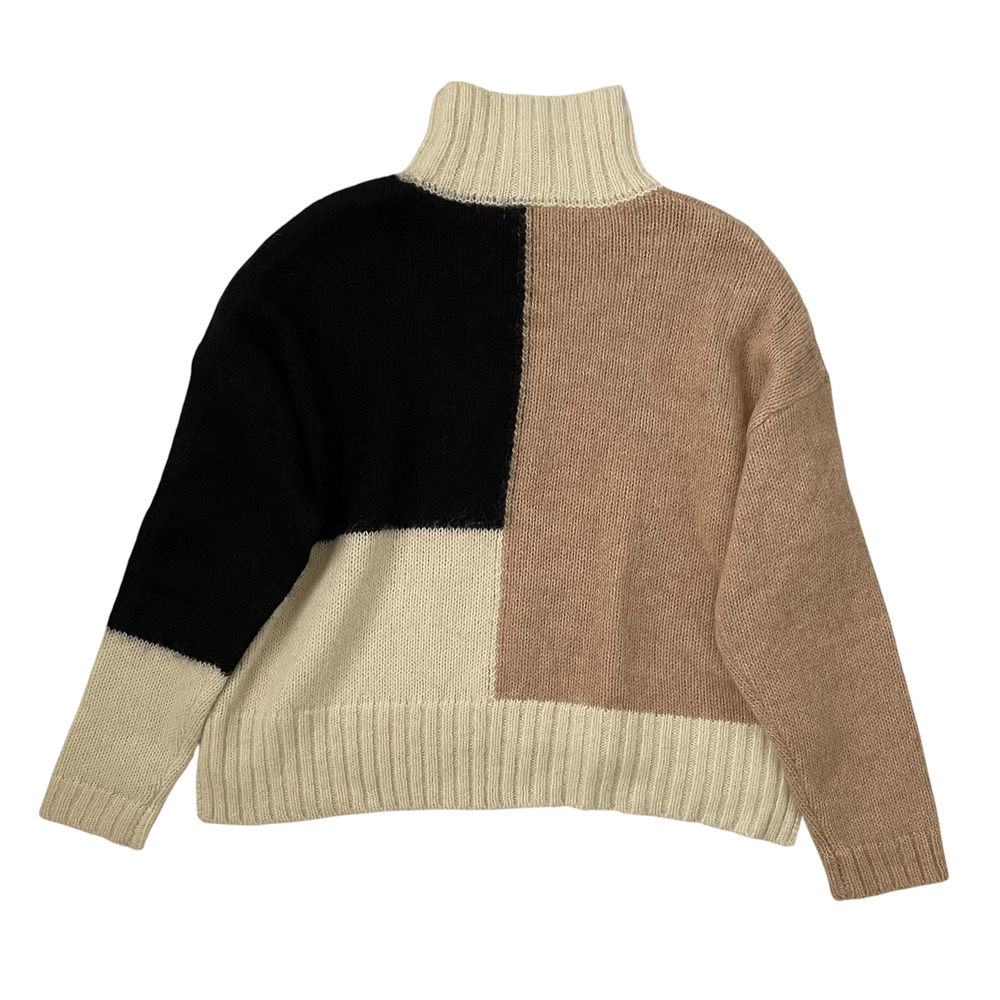 Stella Nova Color Block Alpaca Mock Neck Sweater - Black Cream Tan - Size S